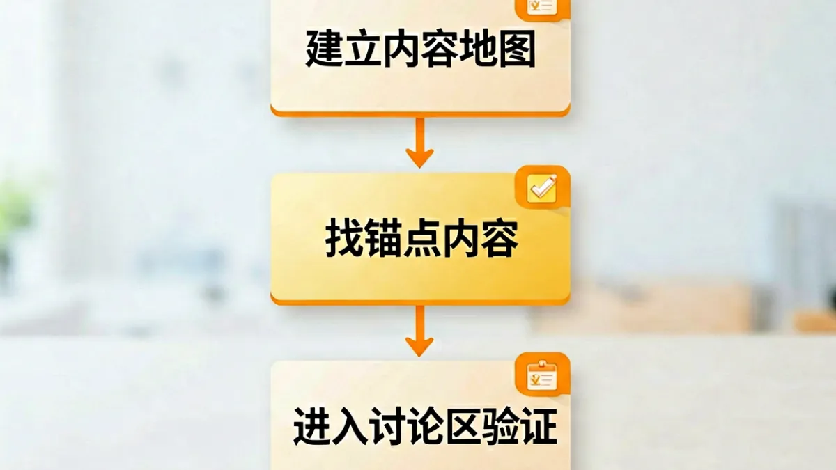 黄91新手三步入门路径流程图，展示建立内容地图、找锚点内容、参与讨论三个阶段的具体操作步骤