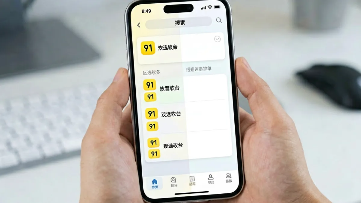 用户在手机上对比黄91与其他平台页面的使用场景，显示各平台界面差异